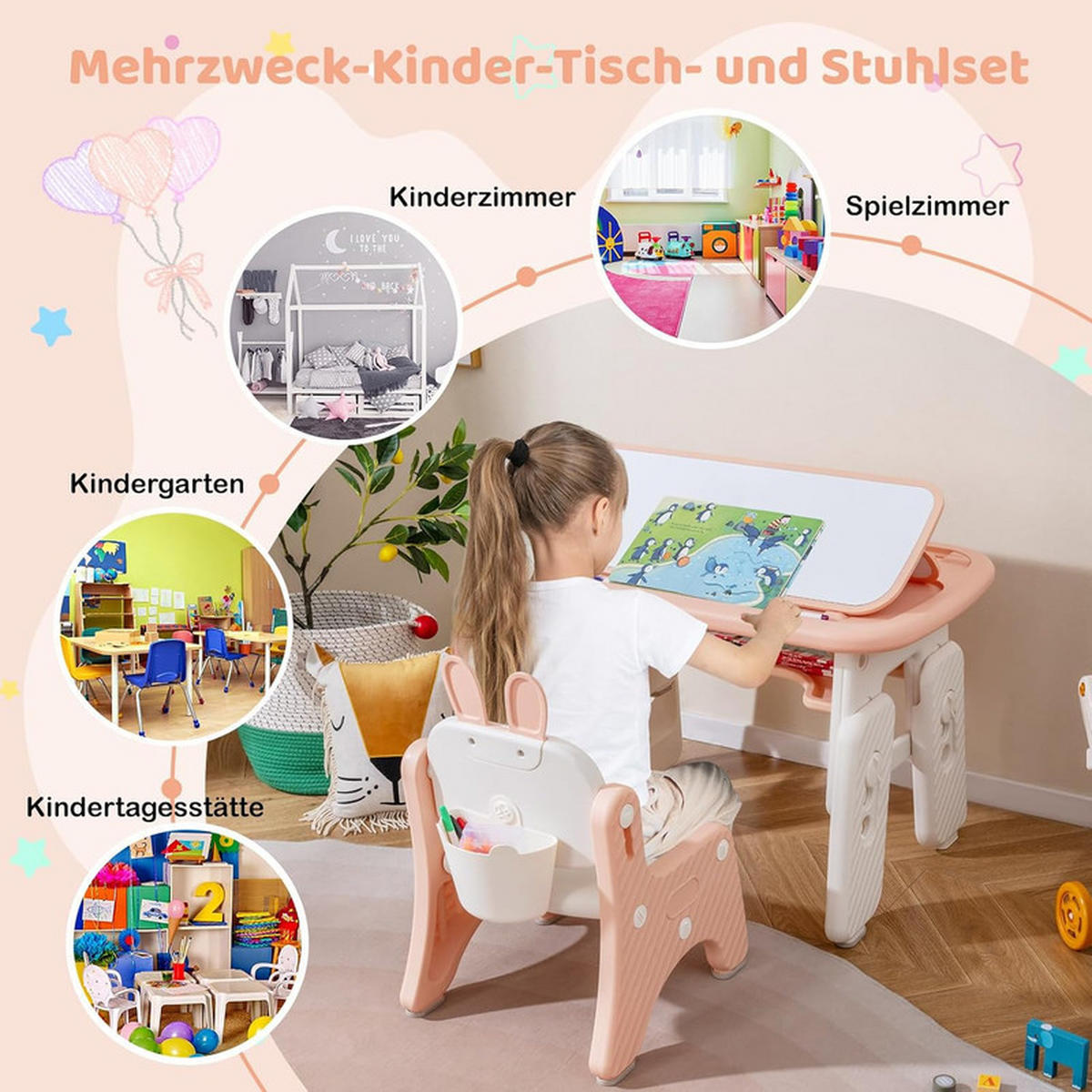 KINDERTISCH mit Stuhl rosa(2-tlg) - Pink, Kunststoff (80/40/50cm) - COSTWAY
