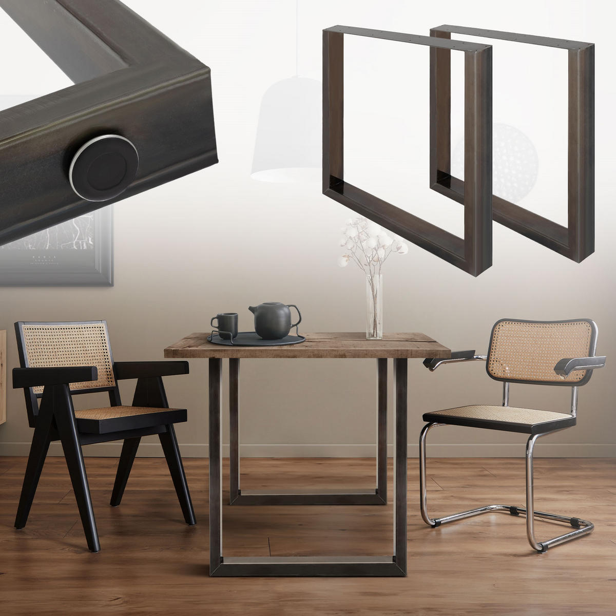 TISCHBEINE 2er Set 60 x 72 cm Dunkelgrau - Graubraun, Metall (60/8/72cm) - ECD-Germany