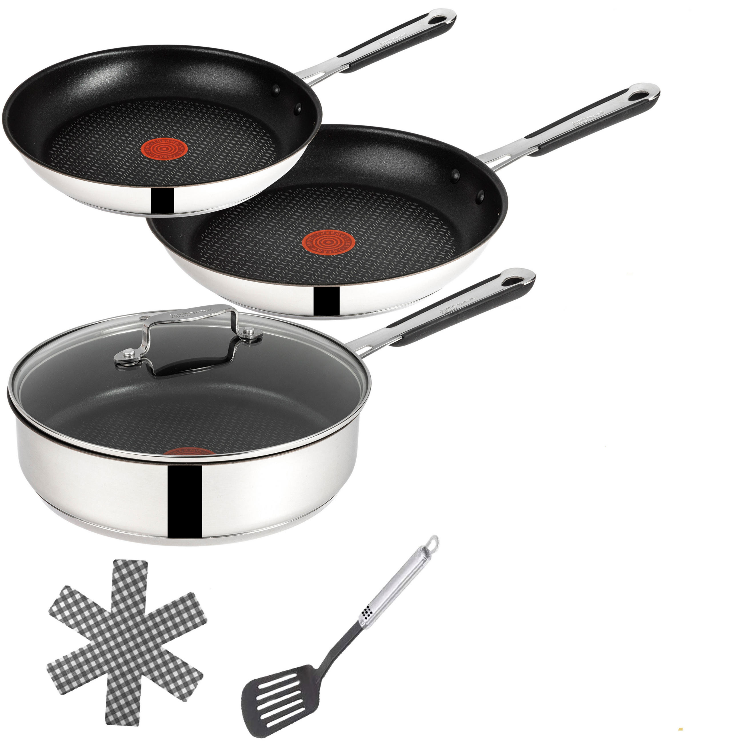 PFANNENSET Jamie Oliver E76, 20 & 26 cm Bratpfannen, 25 cm Schmorpfanne mit Deckel - Silberfarben, Keramik/Metall - Tefal