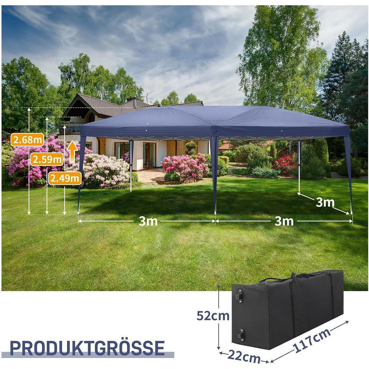 FALTPAVILLON 3x6m UV-Schutz 50+ Blau - Blau, Textil (300/268/600cm)