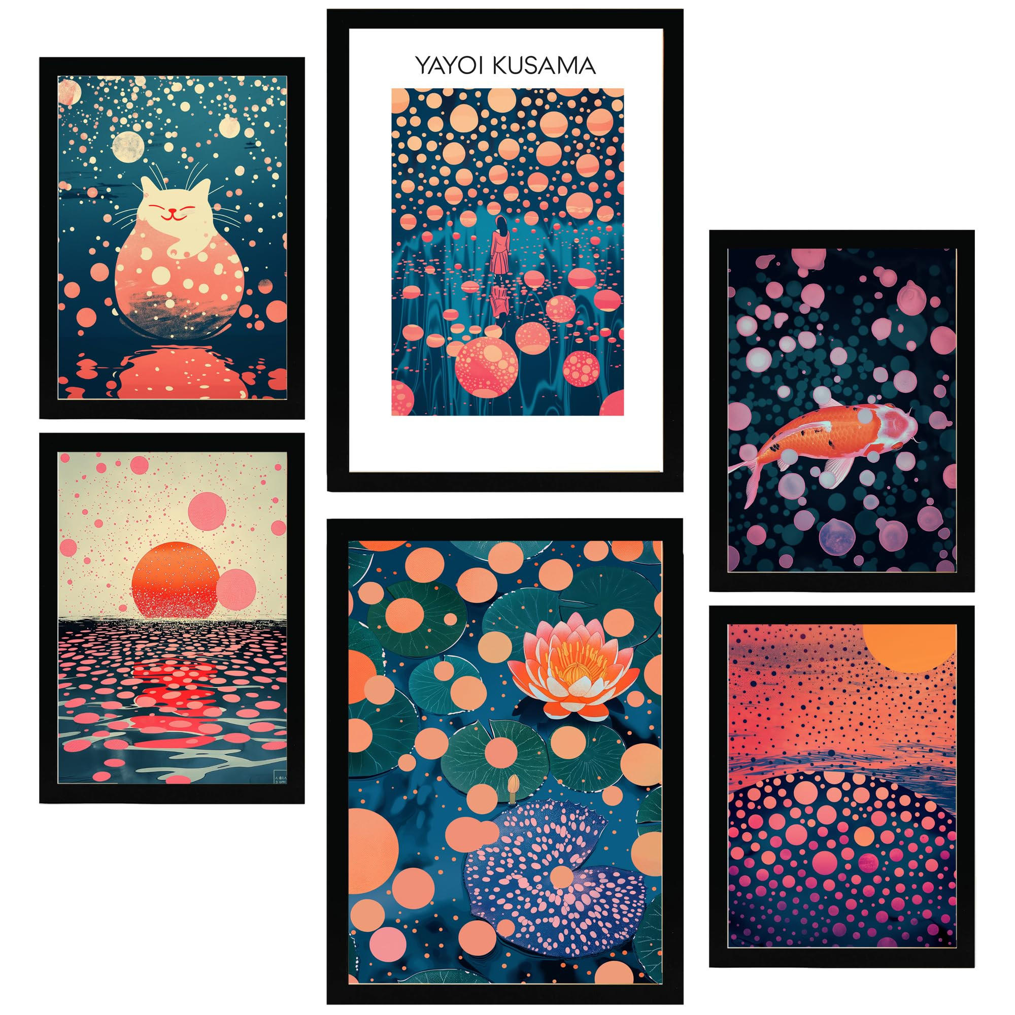 POSTER Set Mit 6 Yayoi Kusama Sonnenuntergang Wasser Janapise A3 & A4 Schwarzer Rahmen - Schwarz, Papier (29/3cm) - Nacnic