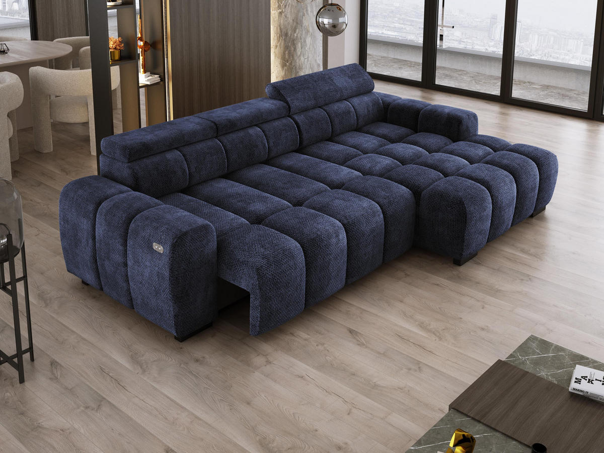 ECKSOFA OMBO 285x168x77/97 cm, Rechts, Schlaffunktion, elektr. Sitz, Kopfstützen, hydrophober EDEN-Stoff – Dunkelblau - Dunkelblau, Holz/Textil (285/168cm) - DomoHome