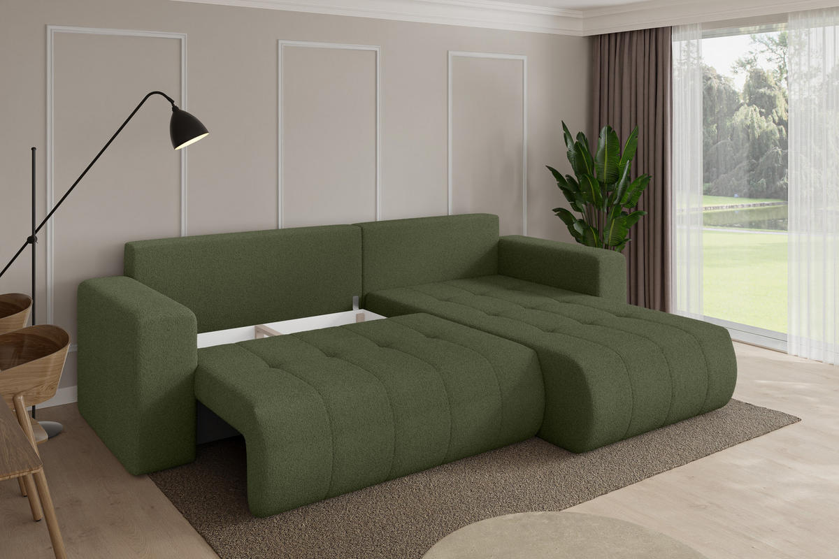 ROHOVÁ SEDAČKA s funkcí spaní, otoman vpravo MILA-L 277x194x86 zelená bouclé - černá/zelená barva, kompozitní dřevo/textil (277/194cm) - ALTDECOR