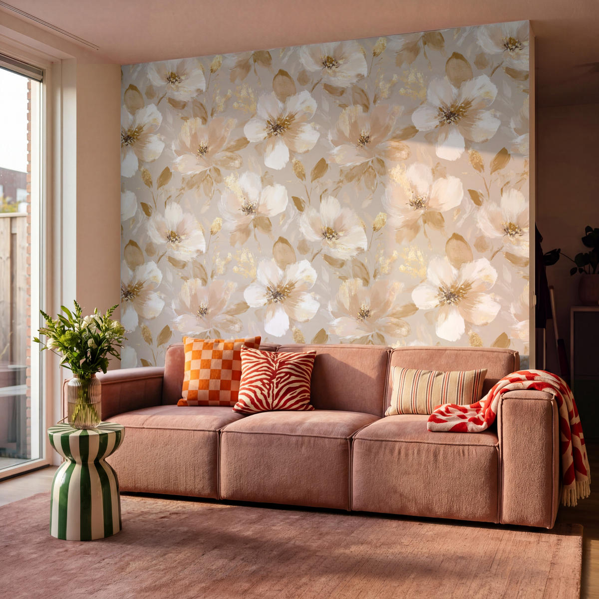 TAPETE - Blumen - künstlerisch - Gold - 260x280 cm - Beige, Papier (260/280cm) - OnlyWow