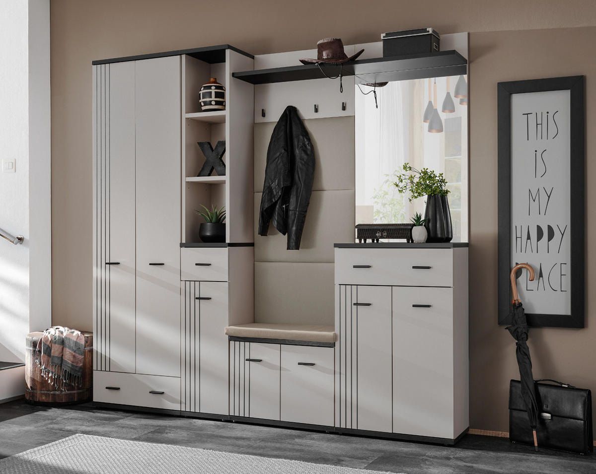 GARDEROBEN-SET Kaschmir, schwarz 6-teilig 210 cm, Flurgarderobe mit viel Stauraum - Kaschmir/Schwarz, Glas/Holzwerkstoff (210/203/32cm) - Inn.Furn