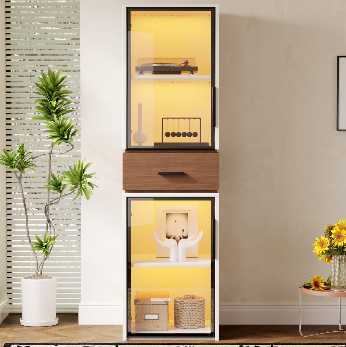 VITRINE 40/40/200 cm aus MDF mit LED-Beleuchtung und Sicherheitsglas Weiß - Weiß, Holzwerkstoff (40/200/40cm) - Modenvie
