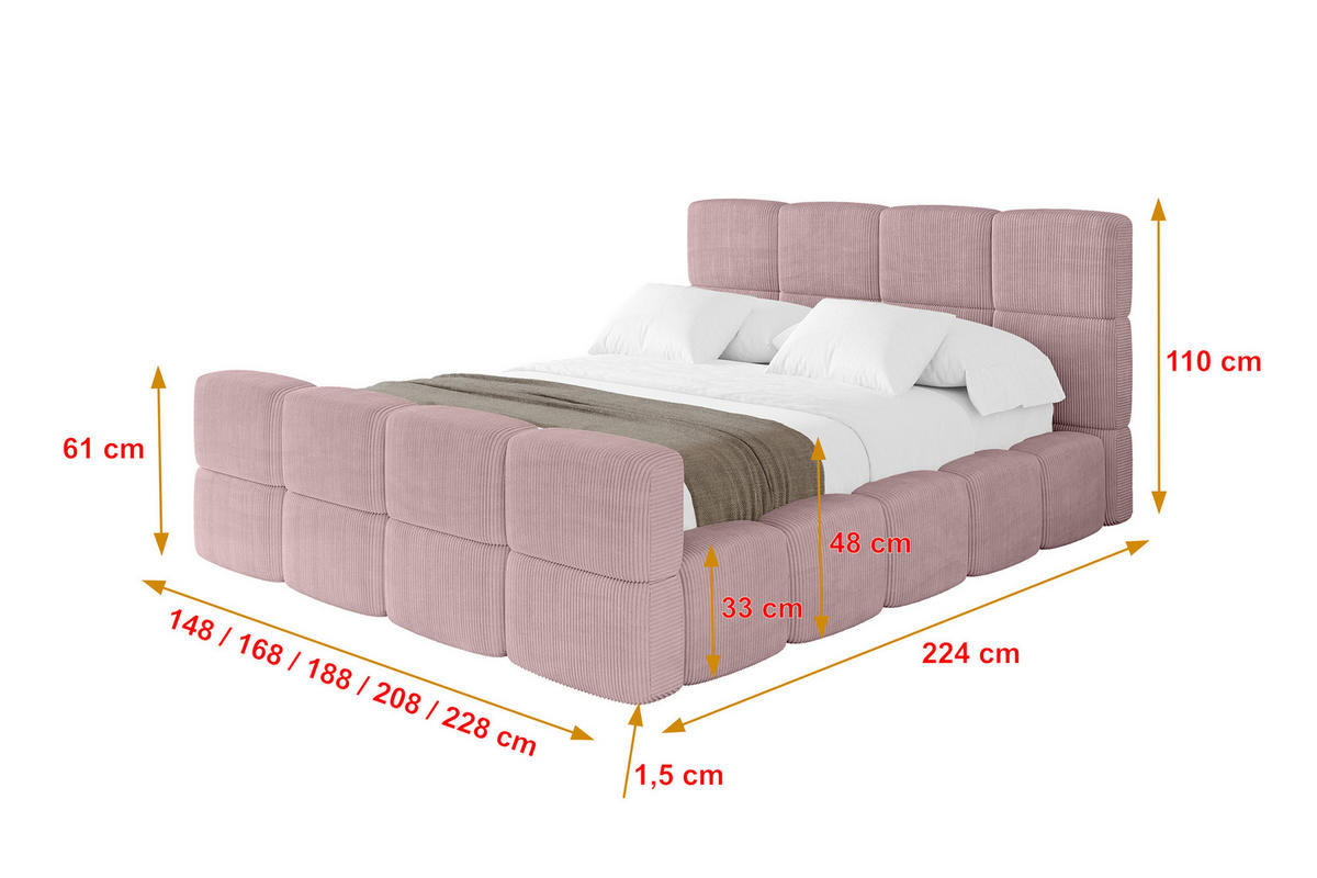 POLSTERBETT mit Bettkasten und Lattenrost, Bett mit Kopfteil, Boxbett ohne Matratze, Doppelbett mit Stauraum - NATA-Z 120x200 Rosa - Rosa, Holzwerkstoff/Textil (120/200cm) - ALTDECOR