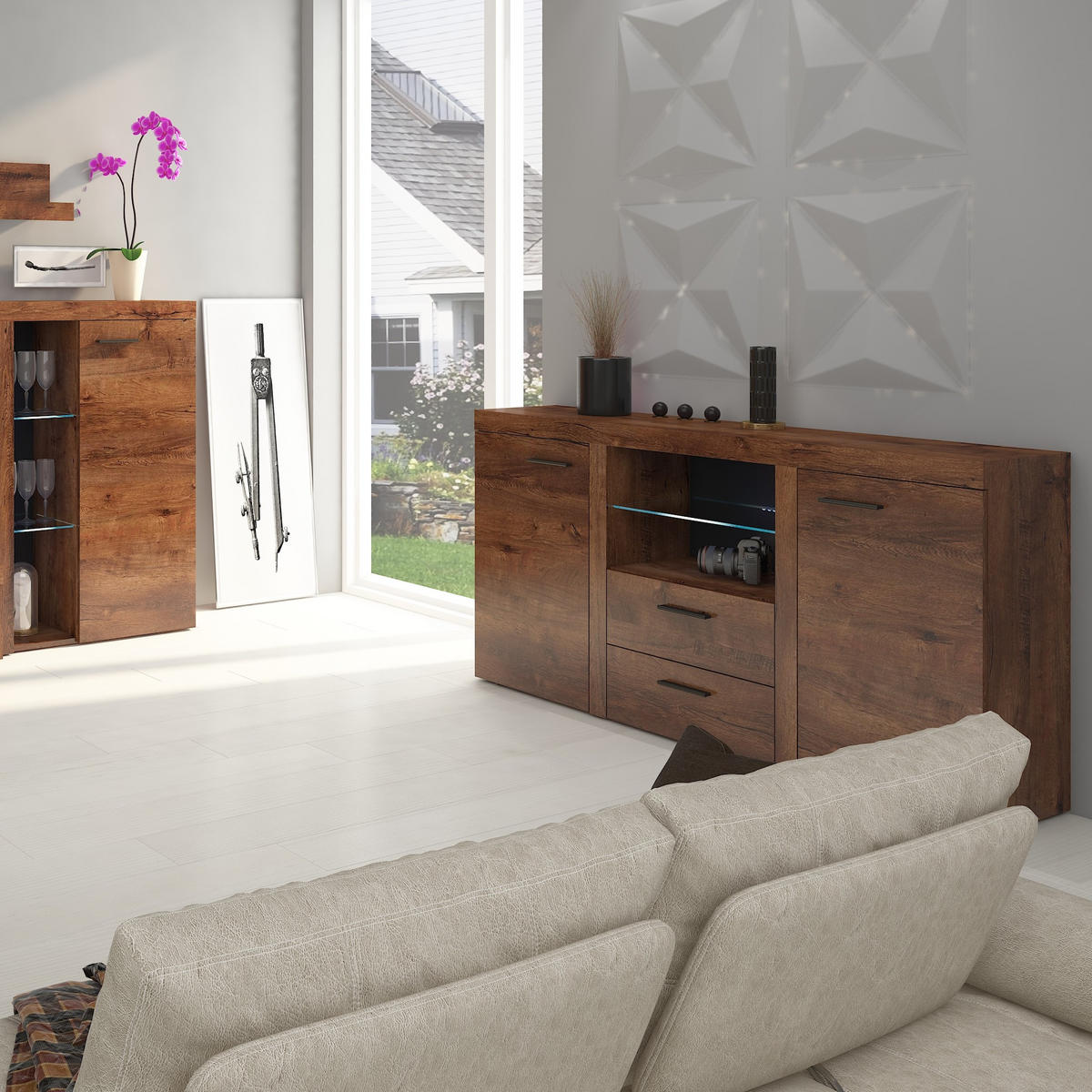 SIDEBOARD RITMO 156/82/40 cm mit 2 Schubladen 2 Türen Hellgrau - Hellgrau/Braun, Holzwerkstoff (156/82/40cm) - MASSENO