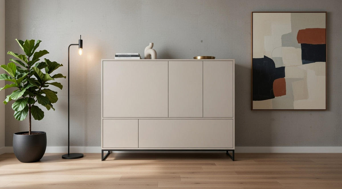 KOMMODE Genua mit 5 Türen, Sideboard in Farbe: Creme, Schrank in Größe: 160 x 120 x 45 cm - Beige, Holzwerkstoff (160/120/45cm) - Agmat-Furniture