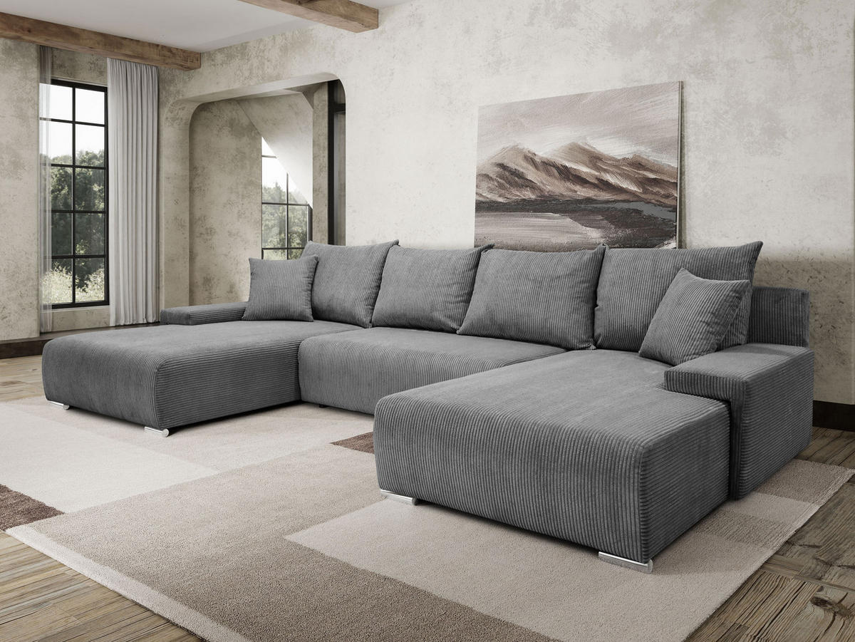 WOHNLANDSCHAFT Lauren in U-Form 348 x 188 cm, 5 Sitzer, Bettzeugablage, Big Sofa, Eckcouch, Cord, grau - Grau, Kunststoff (348/93/188cm) - Margaret Hadas24