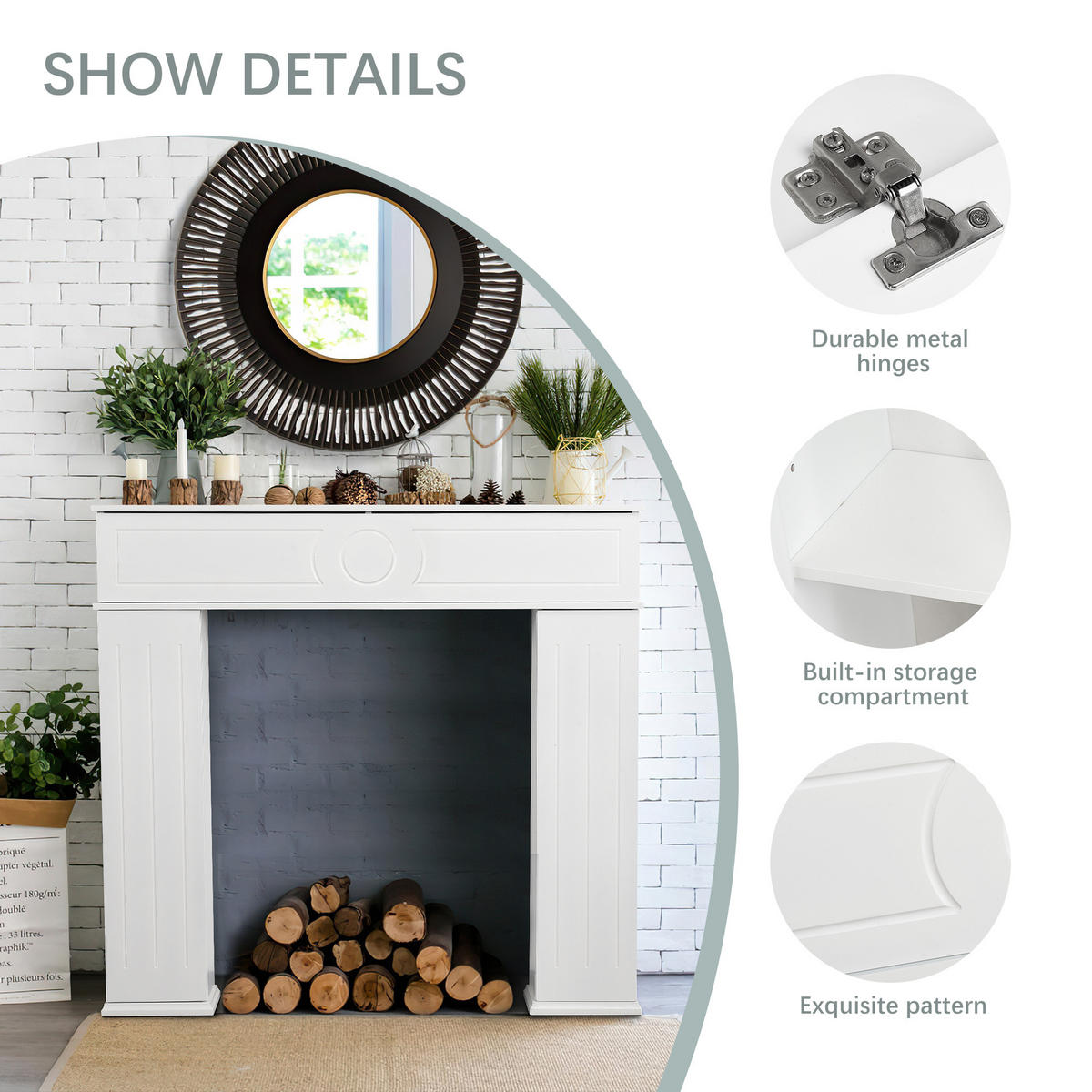 KAMINUMRANDUNG mit Stauraum 107x100 cm Kaminumrandung Holz Kaminrahmen - Weiß, Holz (18/100.4/107cm)