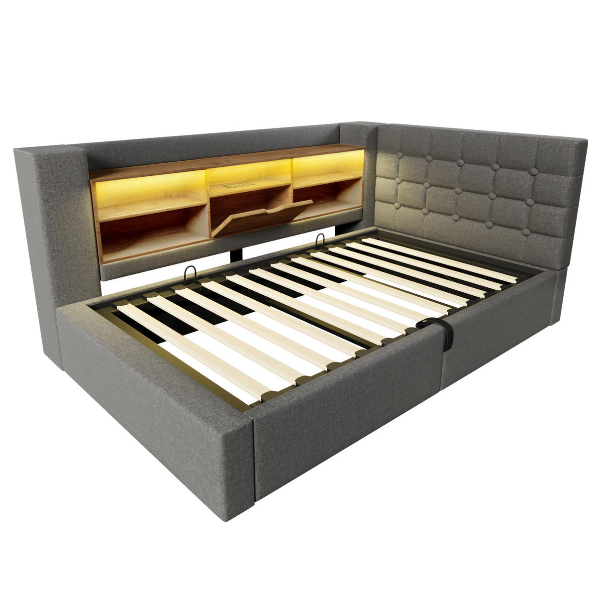 POLSTERBETT 90/190 cm Grau mit Stauraum, LED-Beleuchtung und USB-Anschlüssen - Grau, Textil (90/190cm) - Flora Grace