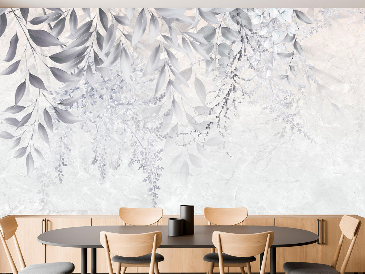 FOTOTAPETE für Schlafzimmer Subtile Rankenblätter Grau 250x175 - Weiß/Grau, Papier (250/175cm) - Muralo