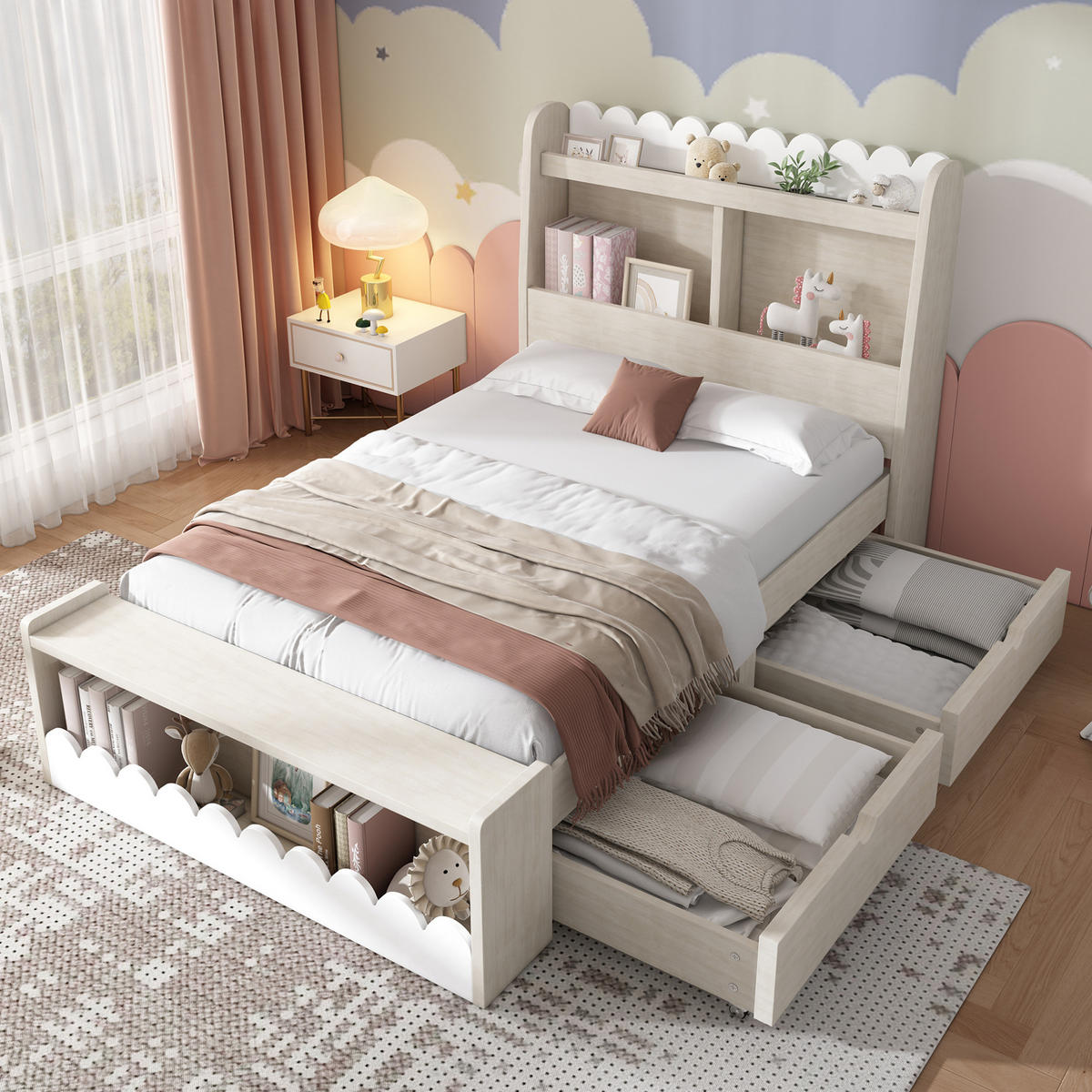 KINDEREINZELBETTEN aus Massivholz & MDF 90x200 cm in Beige mit Schubladen & Regal - Beige, Holzwerkstoff (90/200cm) - Modfu
