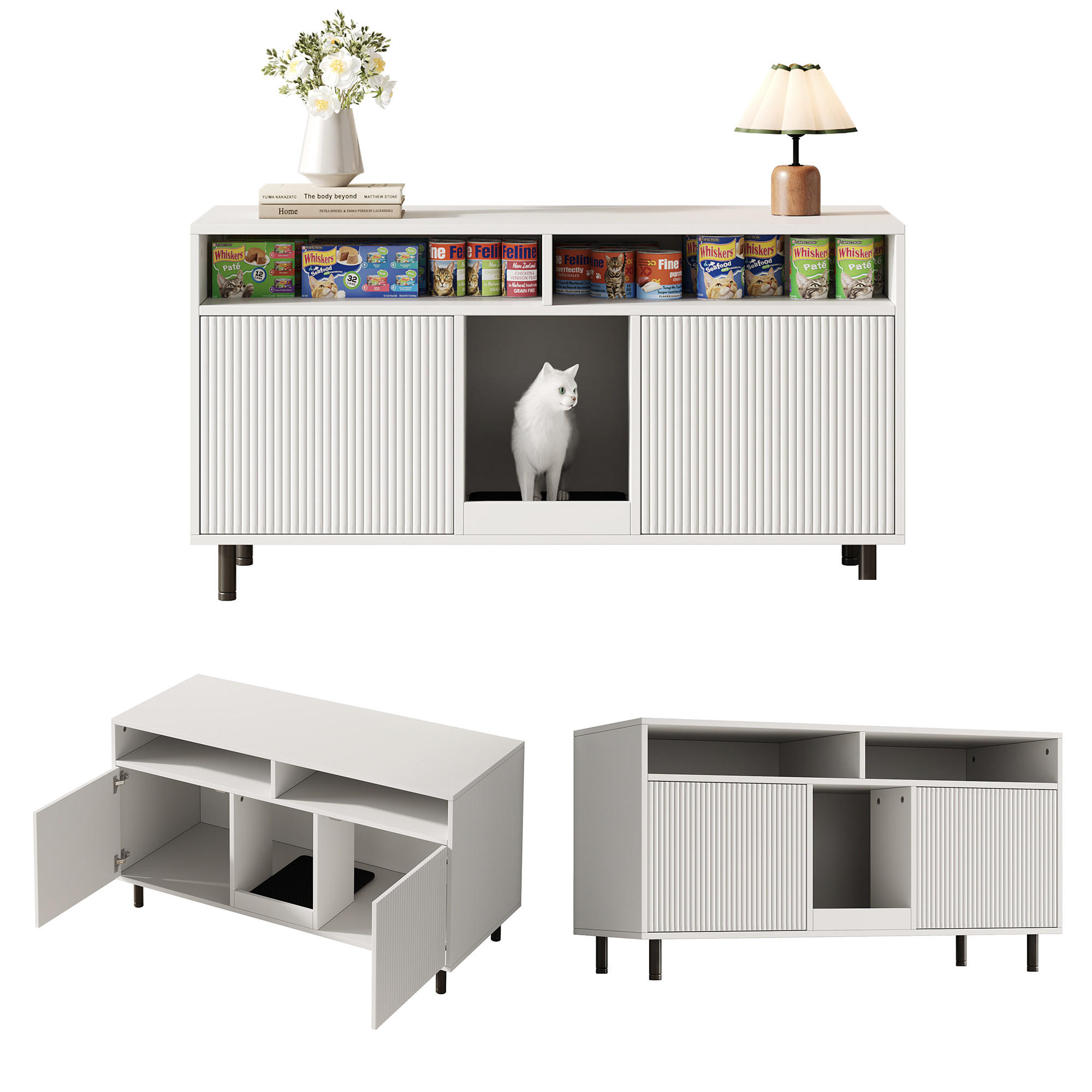 SIDEBOARD mit Doppel Tür und Streu Fangmatten,mit Rippenstruktur - Walnussfarben/Weiß, Holzwerkstoff/Metall (120/66/50cm) - EVRYAE
