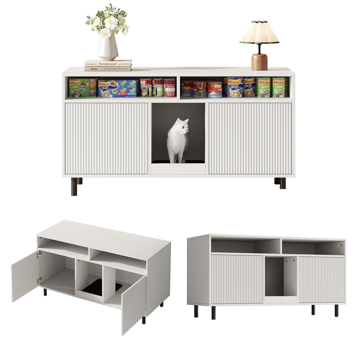 SIDEBOARD Weiß aus MDF 120×50×66cm als Katzentoiletten-Schrank mit Sandauffangmatte und Ablagefächern - Weiß, Holzwerkstoff (50/66/120cm) - Luhomfu