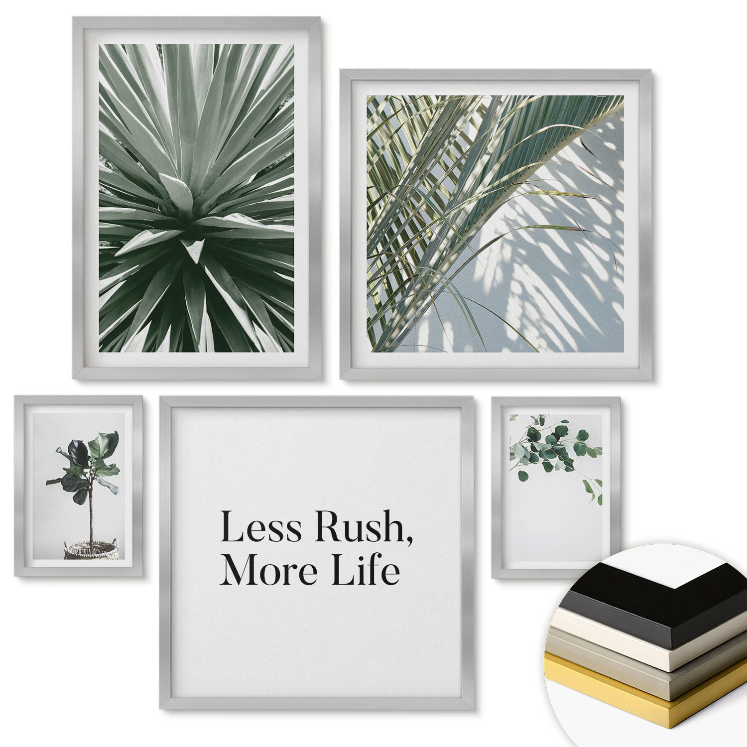 WANDBILDER 5er Set - 50x50 cm & 20x30 cm & 40x60 cm Silberner Rahmen - Minimalismus mit grünen Pflanzen - Silberfarben, Kunststoff (40/60cm) - ArtPrintCave