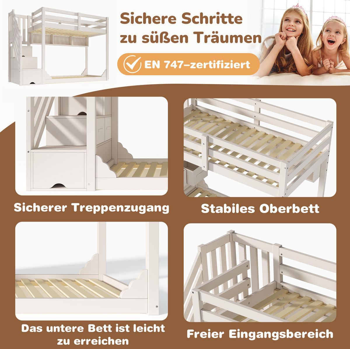 ETAGENBETT 90/200 cm aus Holz mit Treppenschrank, Stauraum und Sicherheitsgeländer, Weiß - Weiß, Holzwerkstoff (90/200cm) - Redom