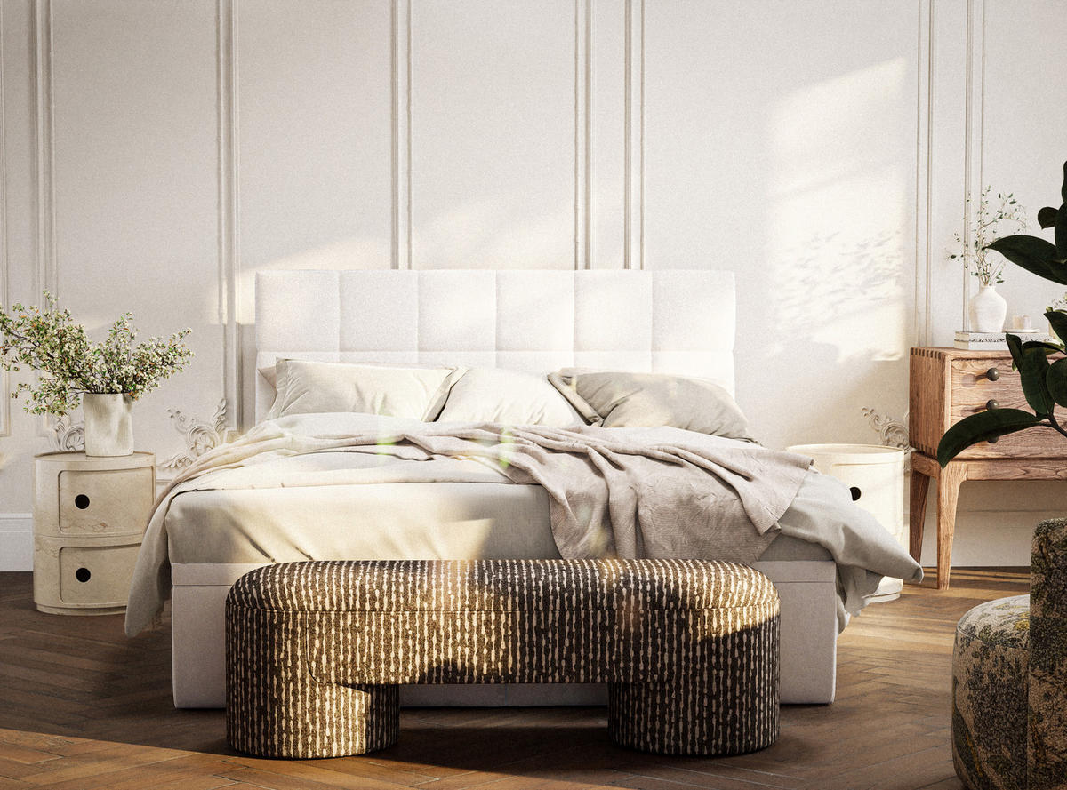 BOXBETT 180/200 cm Gotu M, in Hellbeige, Matratze, gepolstertes Kopfteil, Bettkasten, H3 = fest - Beige/Schwarz, Holz/Holzwerkstoff (180/200cm) - Maison de Reve