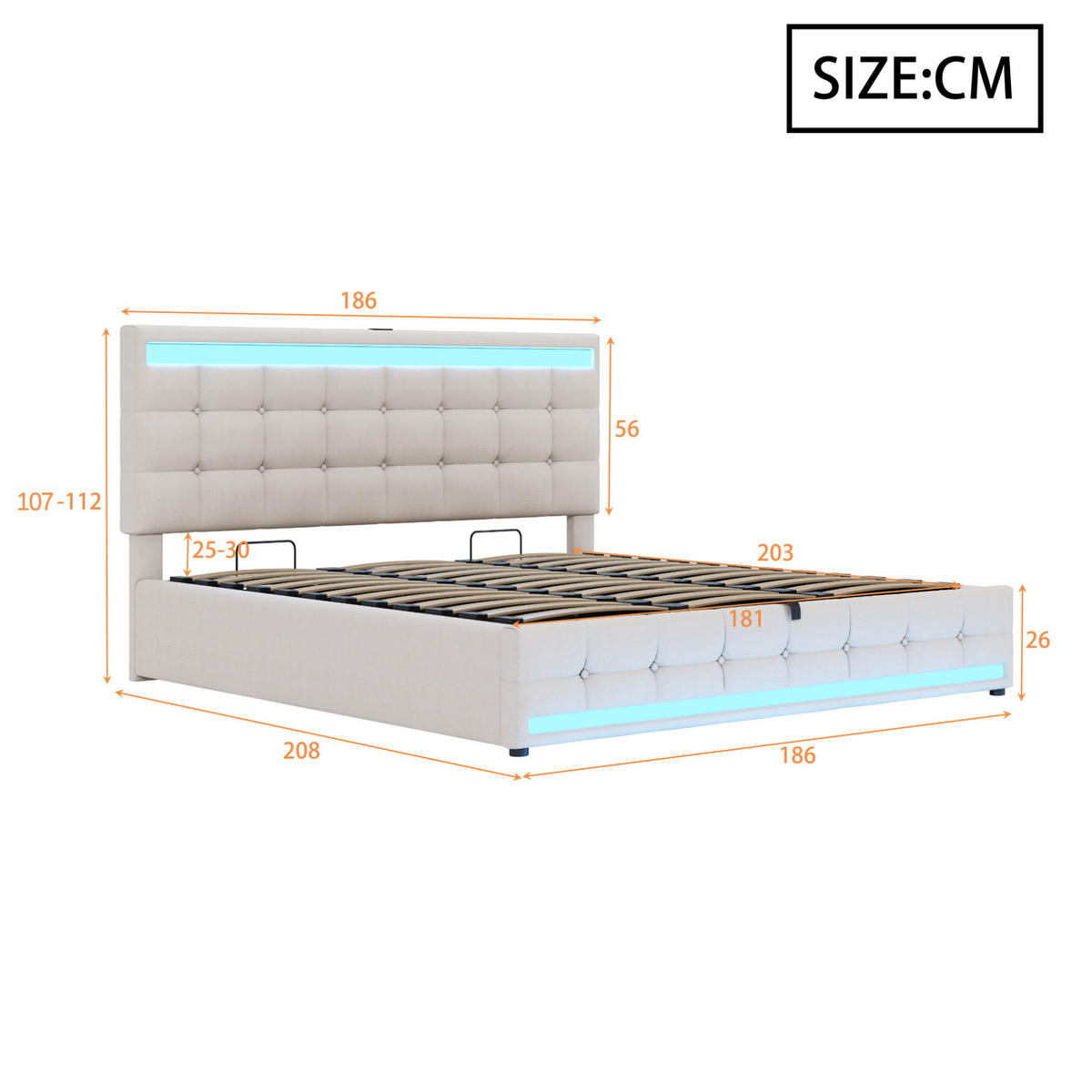 ČALOUNĚNÁ postel 180/200 cm, béžová, lněný vzhled, s LED osvětlením a USB - béžová, textil (180/200cm) - BEAOK