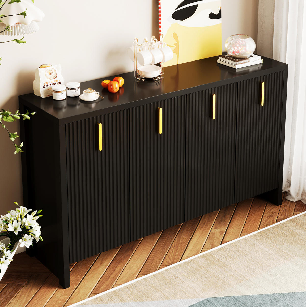 SIDEBOARD 140/38/80 cm mit 4 Türen in Schwarz und goldfarbenen Griffen - Schwarz, Holzwerkstoff (140/38/80cm) - BEAOK