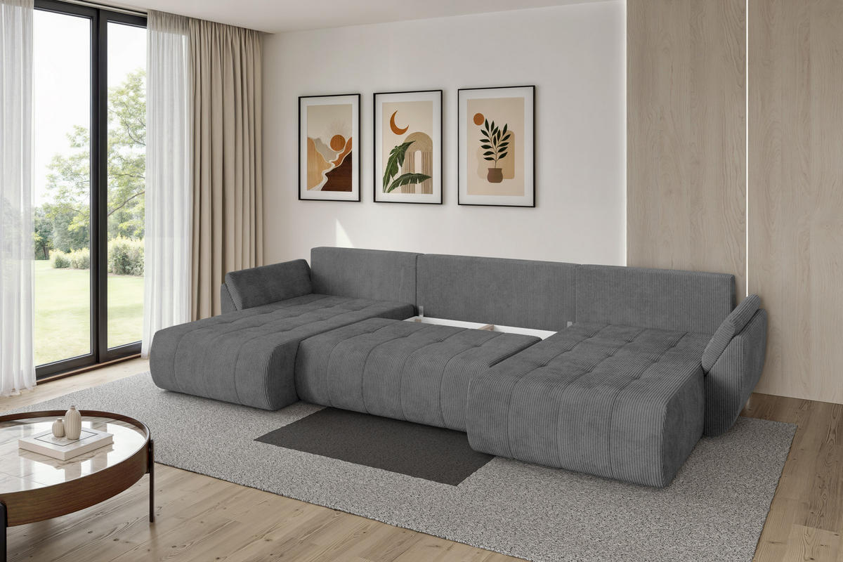 SEDACÍ SOUPRAVA DO U s funkcí spaní a úložným prostorem TOKO-U 378x194x86 tmavě šedá manšestr - černá/tmavě šedá, kompozitní dřevo/textil (378/86/194cm) - ALTDECOR