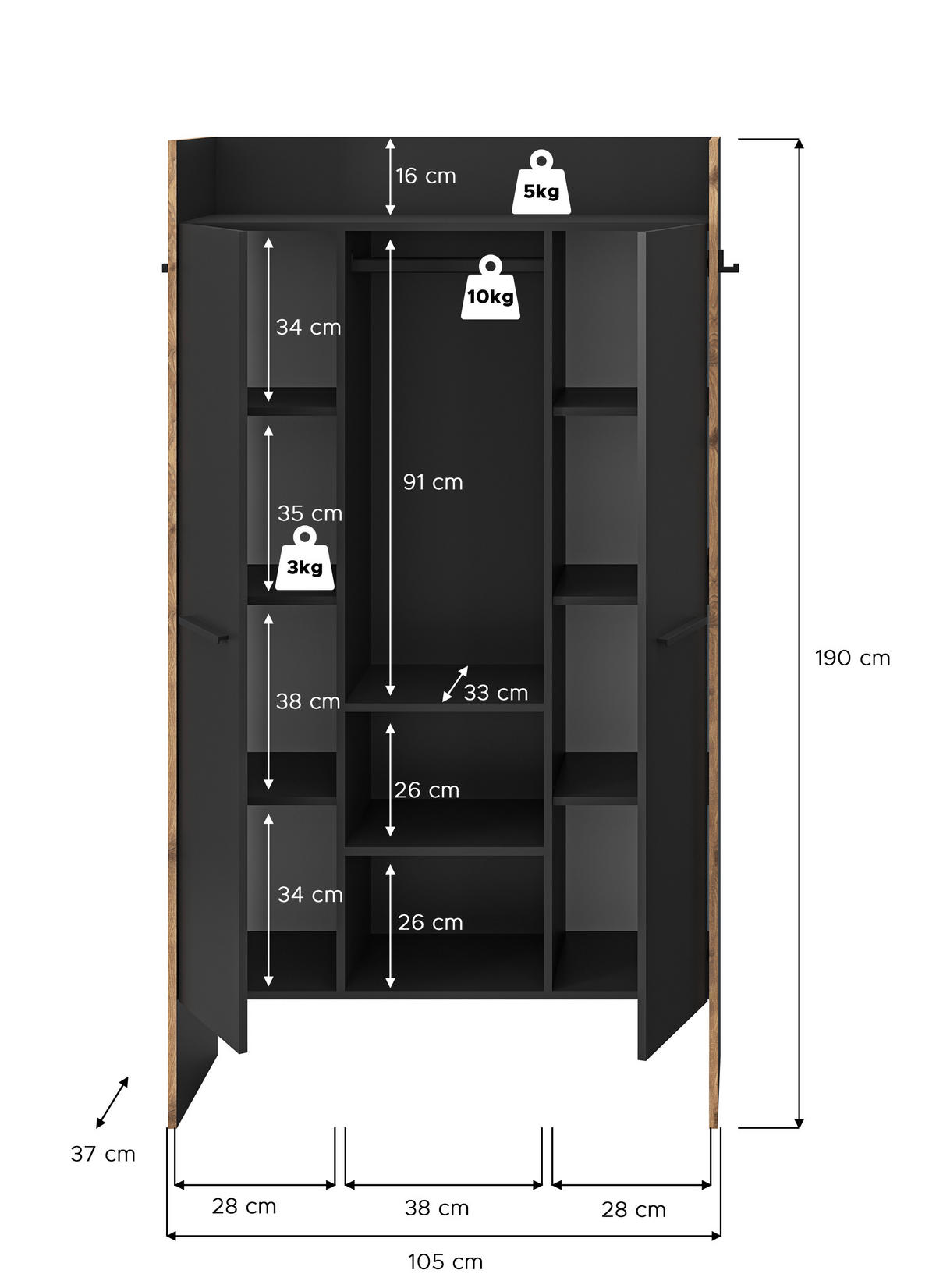GARDEROBENSCHRANK BUENO (B/H/T: ca. 105/189/37 cm) in Basalt grau/Basalt grau - Grau, Holzwerkstoff (105/189/37cm)
