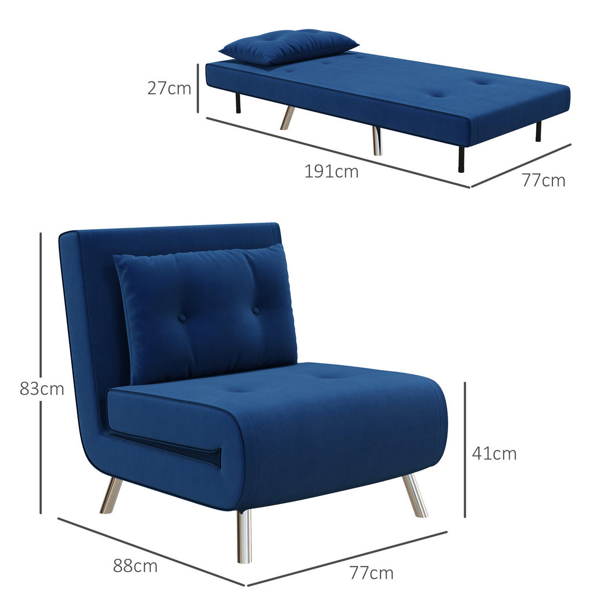 SCHLAFSESSEL, Samt, Stahl, Blau - Blau, Textil (88/83/77cm) - HOMCOM