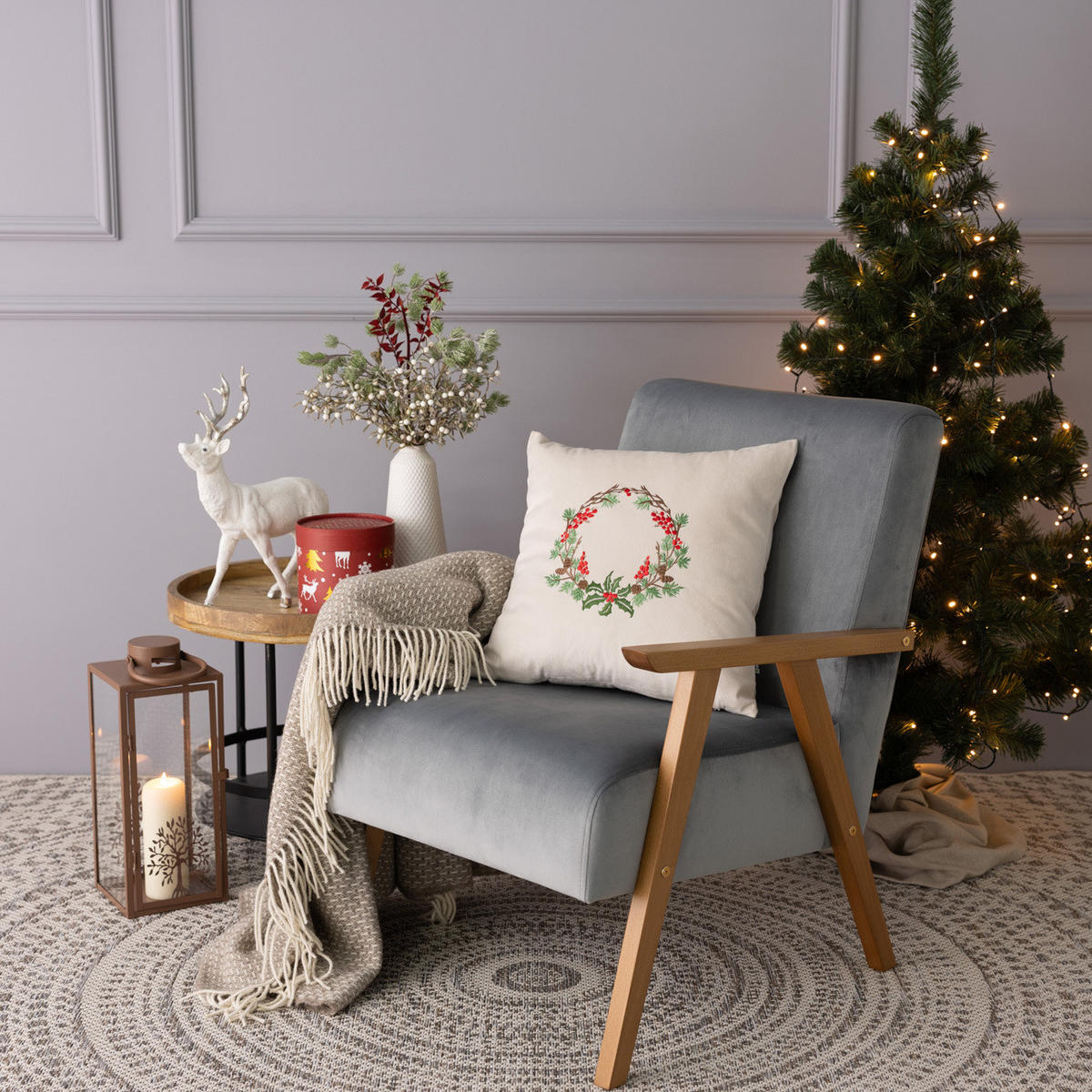 KISSENHÜLLE Winter Wreath 43x43 cm - Beige, Textil (43/1cm) - Dekoria