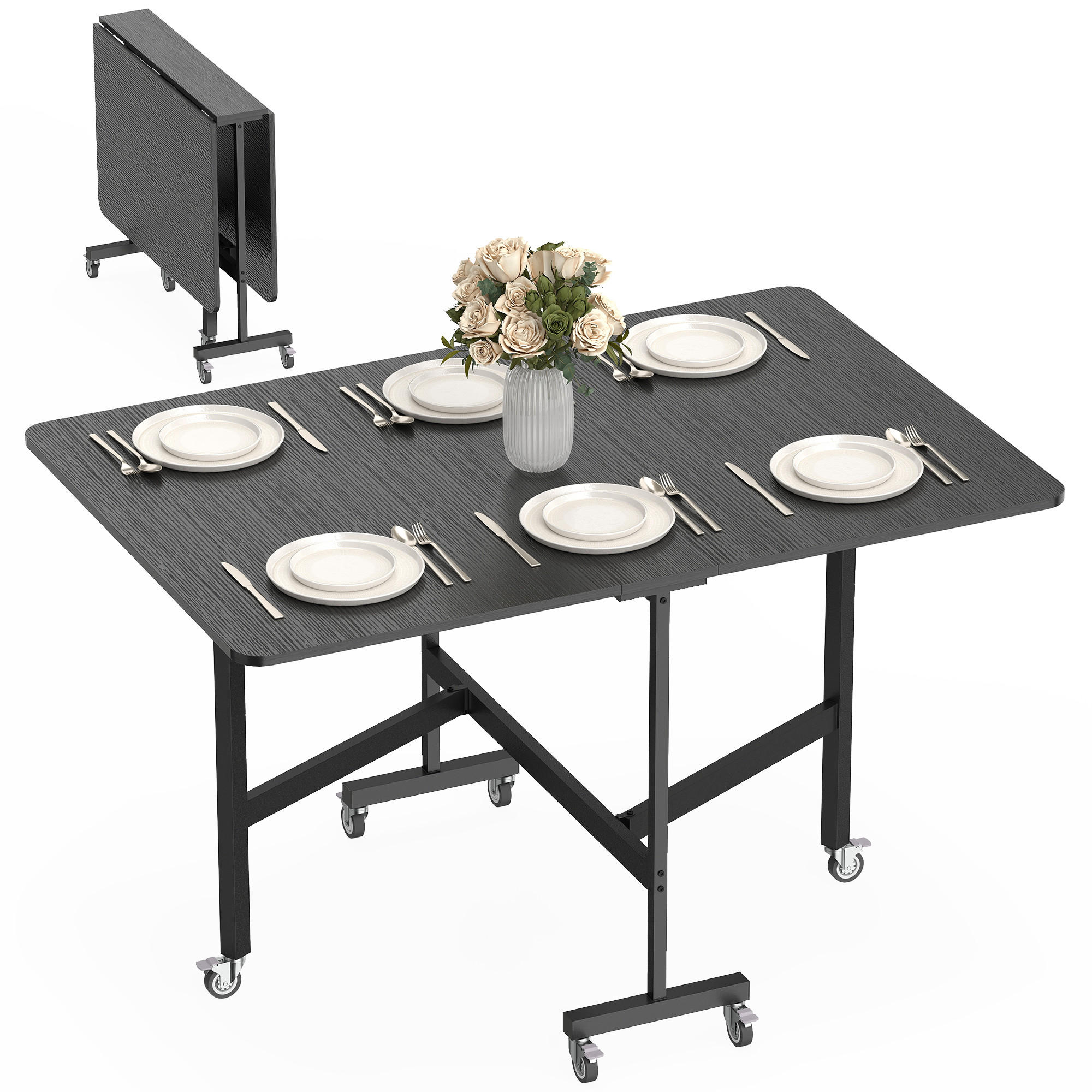 ESSTISCH DE-08416 für 4-6 Personen mit 6 Rollen Schwarz - Schwarz, Holzwerkstoff (120/80/73cm) - ComfortXL
