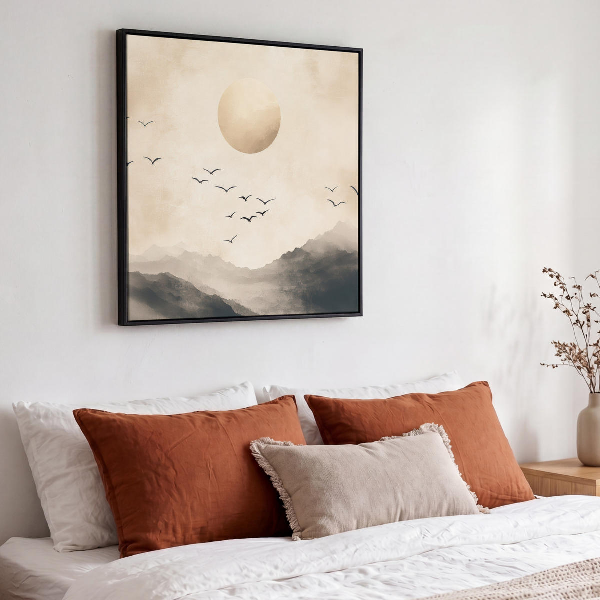 LEINWAND Bilder mit Rahmen - Landschaft - Japandi - Vogel - 50x50 - Beige, Textil (50/50cm) - MuchoWow