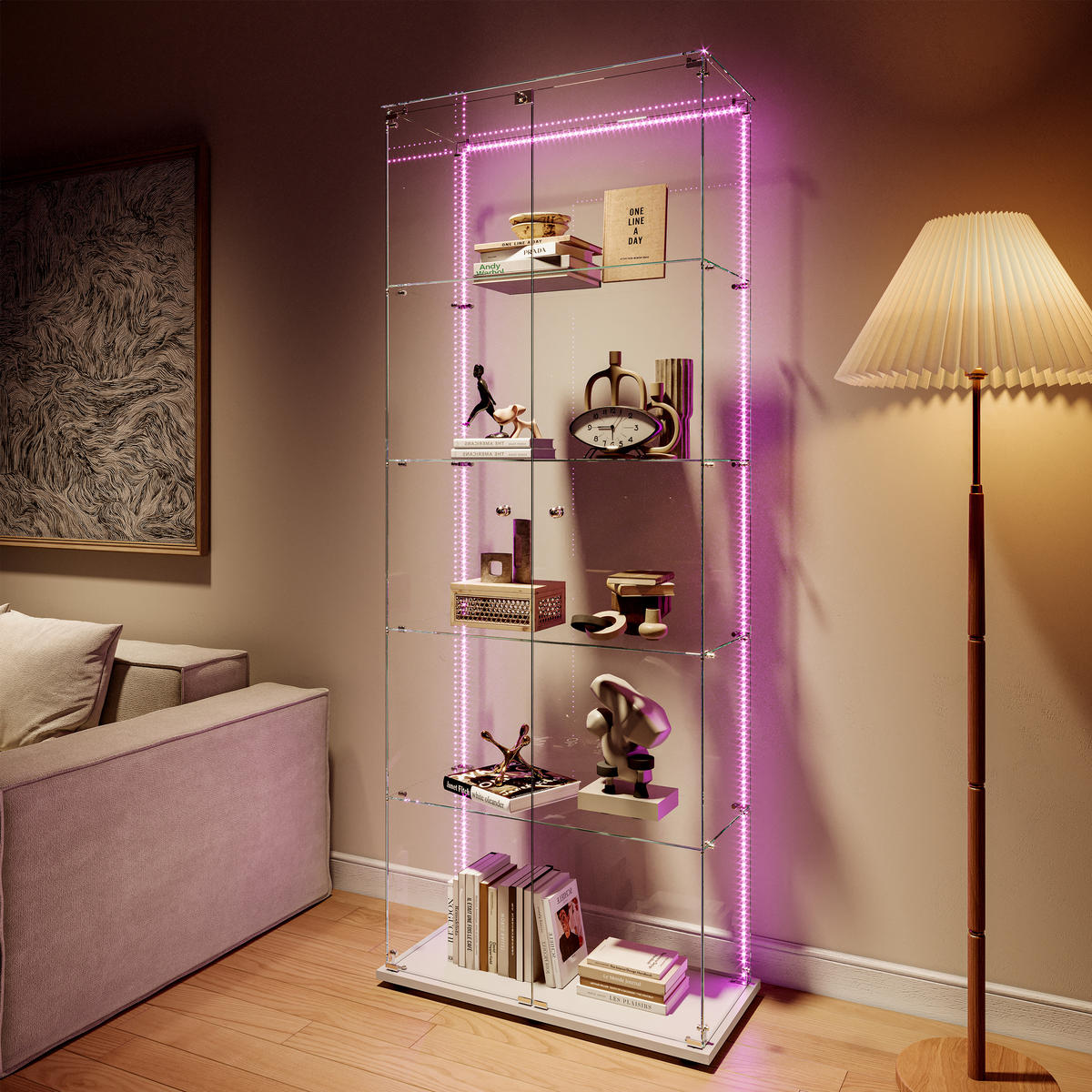 VITRINE 2 Türen, 5 Einlegeböden, LED Band, Glas, mobil, Stauraum optimal, weiß - Weiß, Glas (78.51/186.5/34.5cm) - EuroLiving