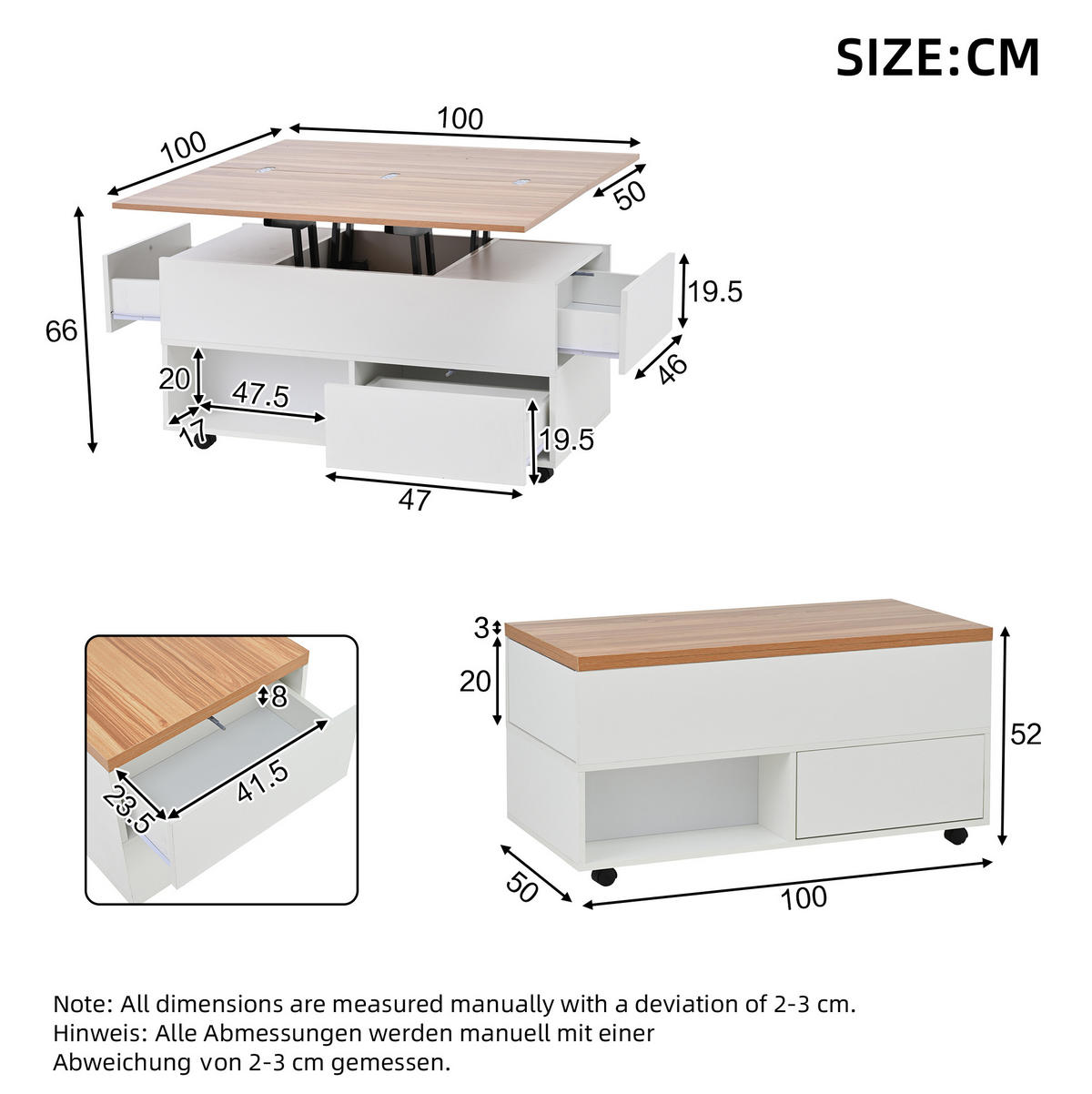 COUCHTISCH 100/50/52 cm Weiß/Holzfarbe aus Spanplatte mit anhebbarer Tischplatte - Weiß, Holzwerkstoff (100/50/52cm) - OKMYHOME