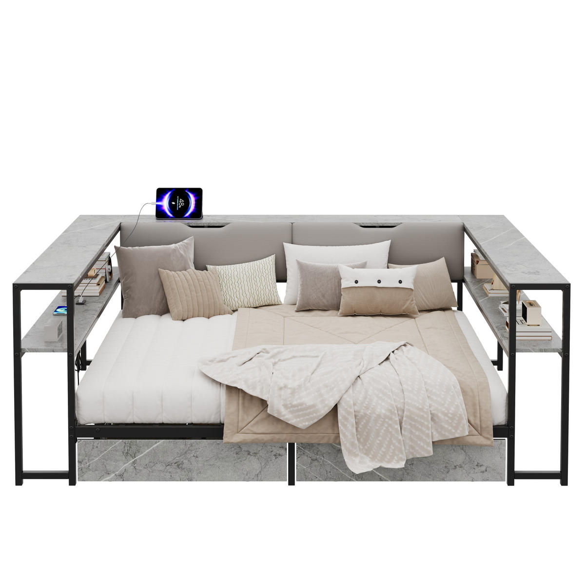 POLSTERBETT 140/200 cm mit USB- und Type-C-Anschluss, 2 Schubladen und 6 Staufächern, Leinenoptik, Grau - Grau, Holzwerkstoff (140/200cm) - Redom
