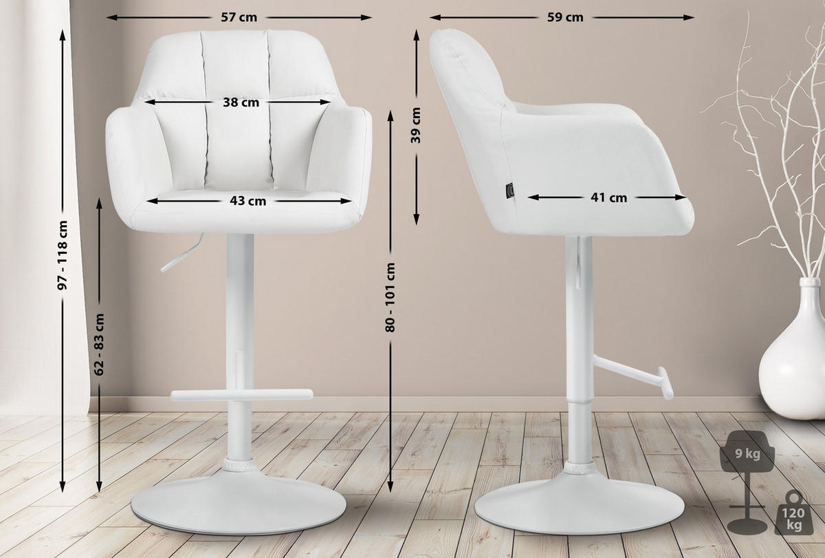BARHOCKER Natoma Kunstleder 97-118x57x59 cm weiß - Weiß, Leder (57/97/59cm) - furnicato