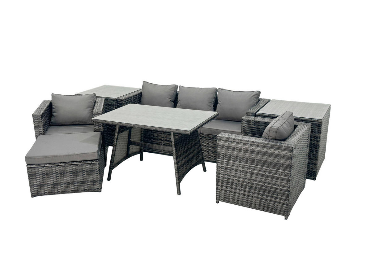 GARTENMÖBELSET mit 2 Beistelltischen 6-Sitzer Grau - Dunkelgrau/Grau, Glas/Kunststoff - Fimous