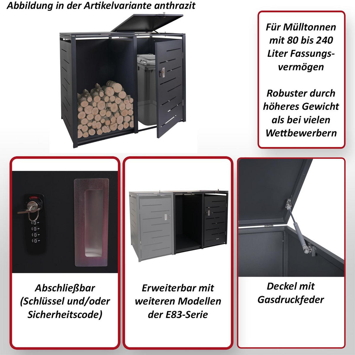 MÜLLTONNENBOX mit Brennholzregal 117x132x82cm erweiterbar 152kg Anthrazit - Anthrazit, Metall (132/117/82cm) - PROREGAL