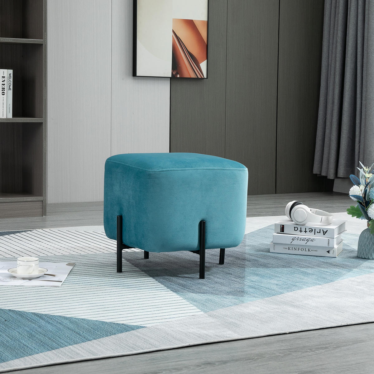 FUSSHOCKER Fußstütze für Wohnzimmer gepolstert Polyester Stahl Türkis - Türkis, Kunststoff (44.5/41.5/44.5cm) - HOMCOM