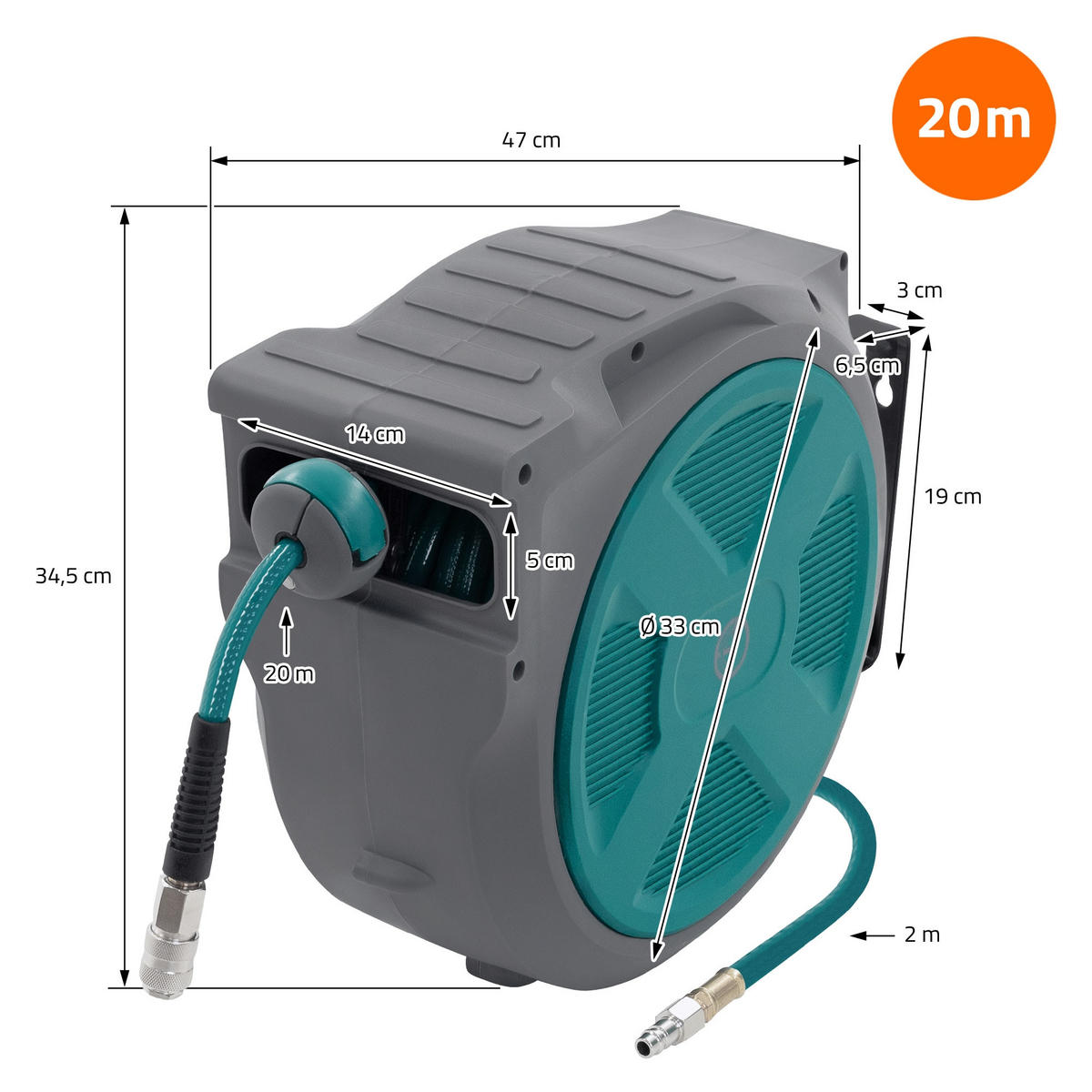 DRUCKLUFTSCHLAUCHTROMMEL 20m+2m - Grau, Kunststoff (17/34.5/47cm) - ECD-Germany