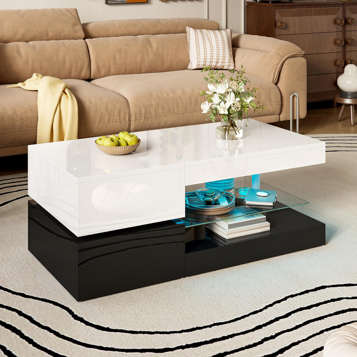COUCHTISCH in Schwarz und Weiß mit LED-Beleuchtung für Wohnzimmer, B90/T45/H35.5 cm - Schwarz/Weiß, Glas/Holzwerkstoff (45/90/35.5cm) - STILVORA