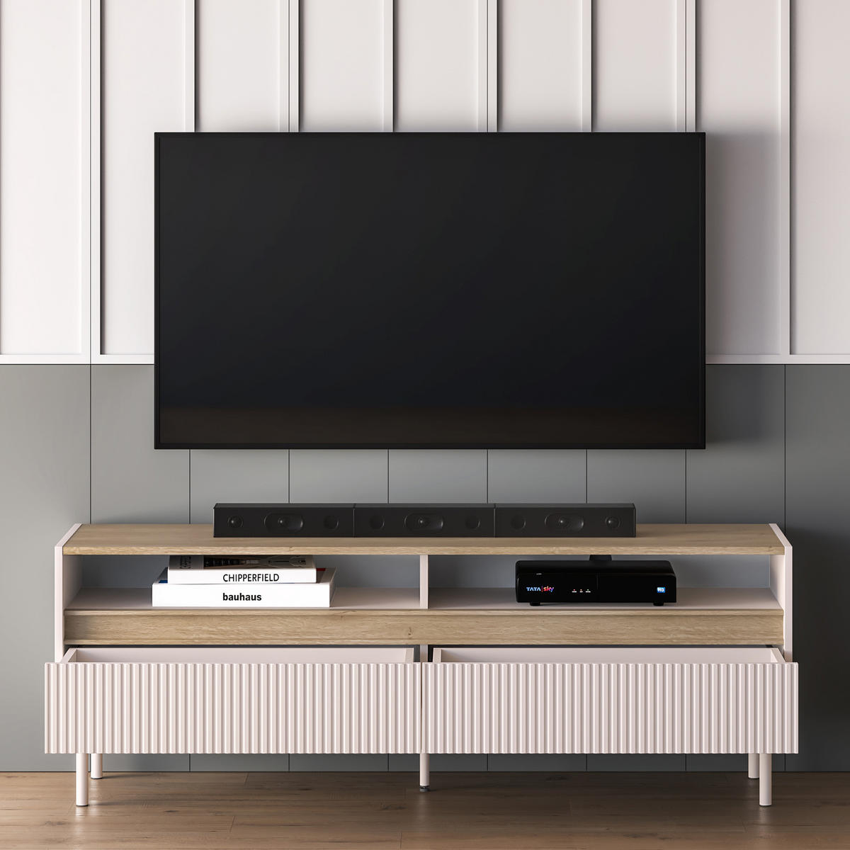 TV-LOWBOARD NALIA, Creme/Eiche - Eichefarben/Creme, Holzwerkstoff/Metall (154/55/40cm) - KONSIMO®