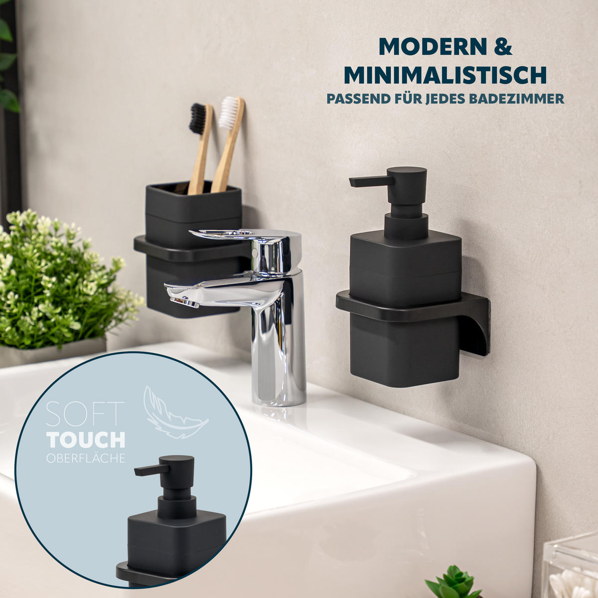 BADACCESSOIRESET SAVONA Softtouch (2er-Set) - Schwarz, Kunststoff (7/15.5/8.5cm) - bremermann