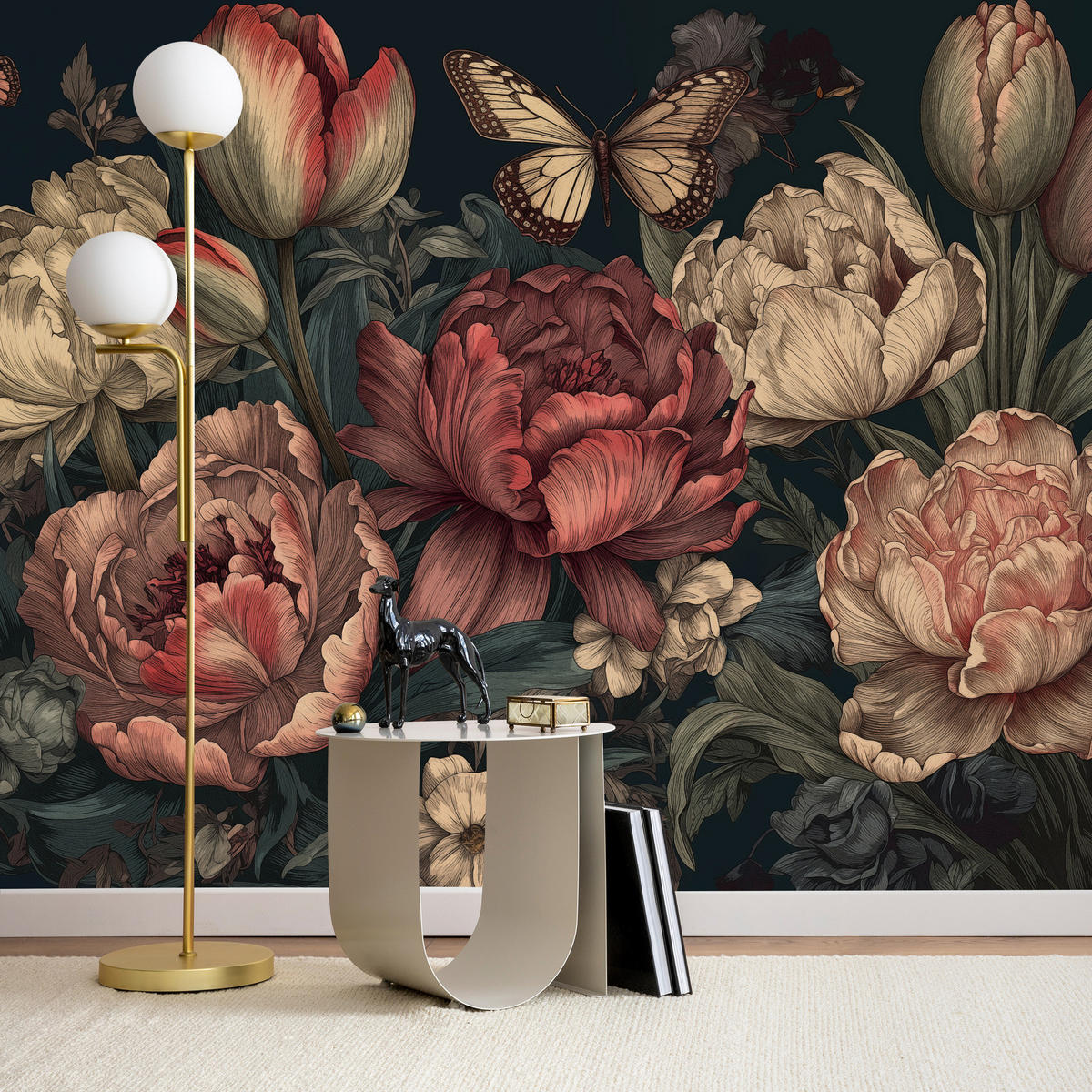 FOTOTAPETE Vintage Blumen Pfingstrosen Natur 450x315 - Gelb/Beige, Papier (450/315cm) - Muralo