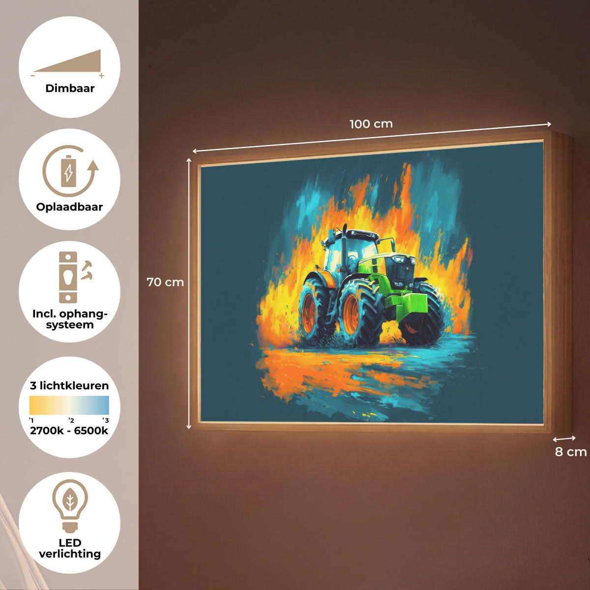 NÁSTĚNNÁ LAMPA S AKUMULÁTOREM Abstrakt - Traktor - Zelený 100x70 cm - tmavě modrá, kompozitní dřevo (100/70/8cm) - OnlyWow