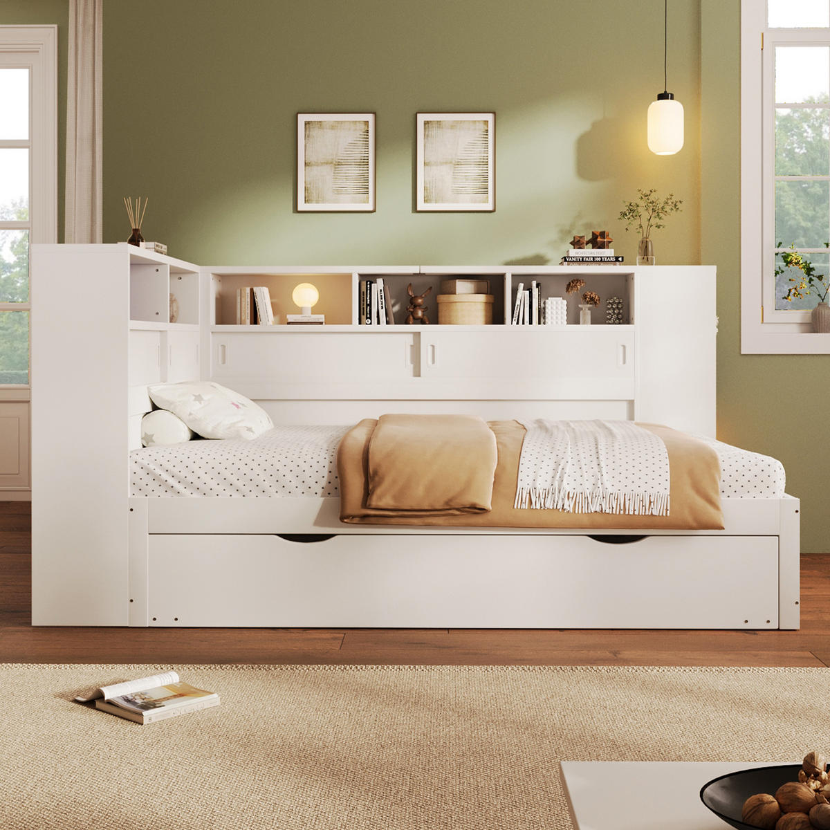 KINDERBETT mit Ausziehbett und Stauraum 90x200 cm Weiß - Weiß, Holz (90/200cm) - Meubliv