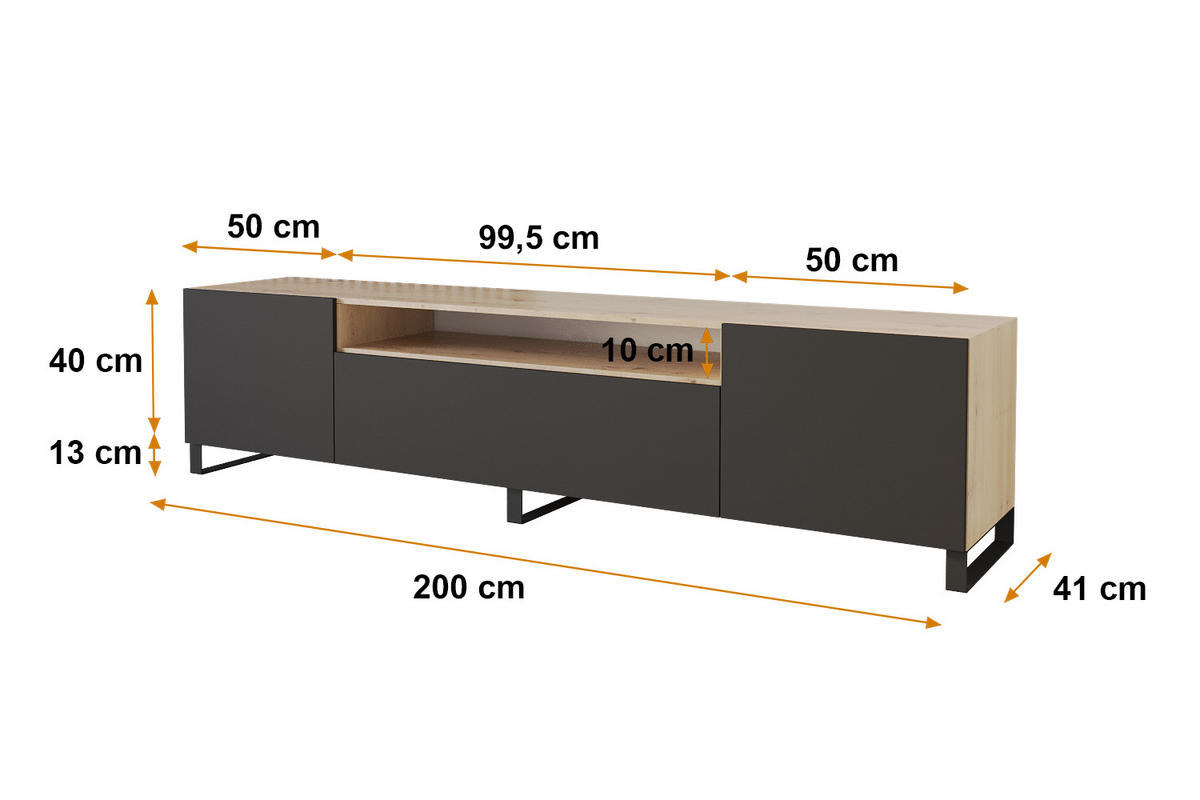 LOWBOARD ELIO-S 200x53x41 cm - Artisan / Schwarz - Schwarz/Eiche Artisan, Holzwerkstoff (200/53/41cm) - ALTDECOR