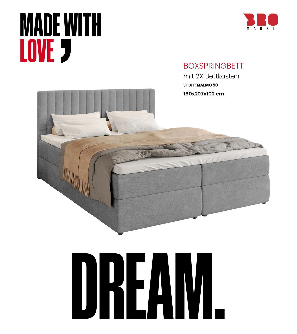 BOXBETT Dream mit Topper 160/200 Hellgrau - Hellgrau, Holzwerkstoff/Textil (160/200cm) - Bromarkt