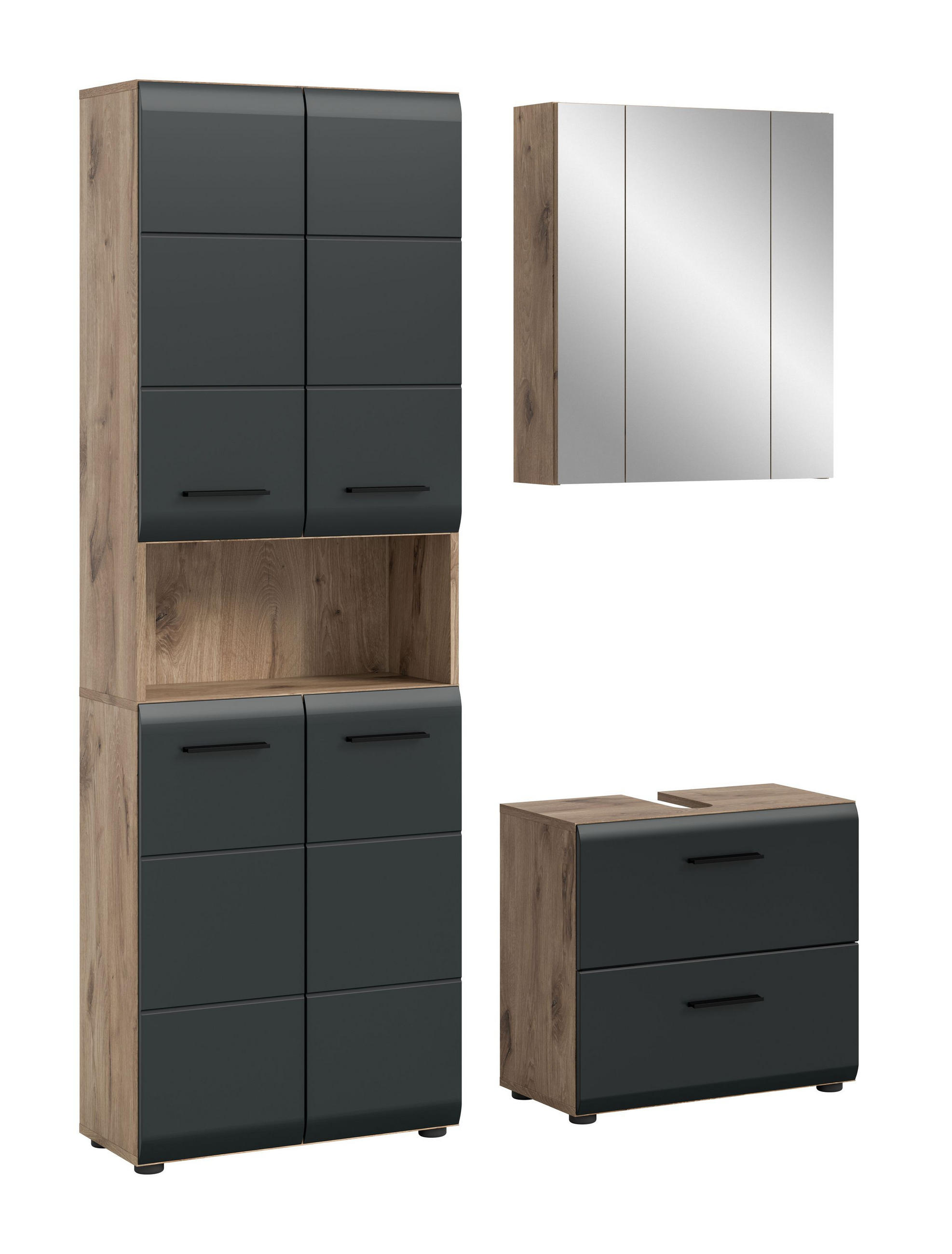 BADEZIMMER Alba 3-tlg. B/H/T: ca. 135/185/30 cm) in Nox Oak /schwarz matt - Eichefarben, Holz (135/185/30cm)