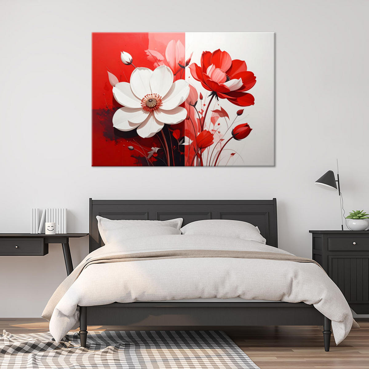 WANDBILD, Weiße und rote Blüten auf leuchtend rotem Hintergrund - Rot, Textil (30/20cm) - Feeby
