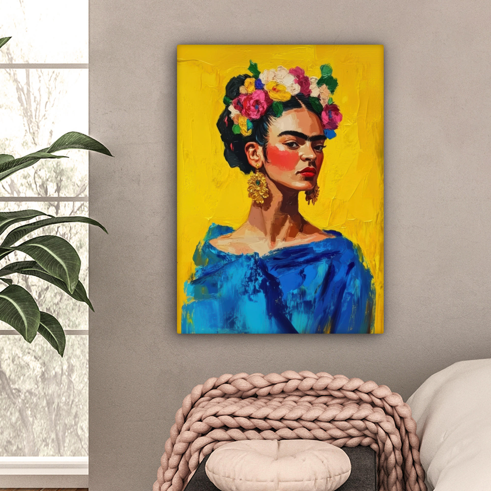 LEINWANDBILD Frida Kahlo - Frau - Gelb - Blau - Blumen 60x80 cm - Gelb, Textil (60/80cm) - MuchoWow